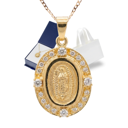 Medalla Multi zirconia Virgen de Guadalupe con cadena - Oro 14K Laminado