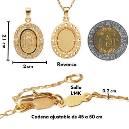 Medalla Multi zirconia Virgen de Guadalupe con cadena - Oro 14K Laminado