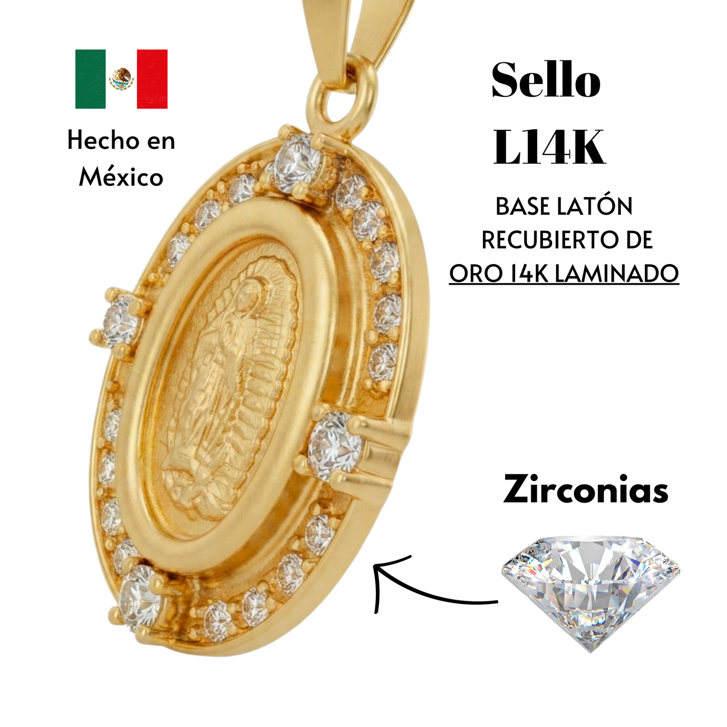 Medalla Multi zirconia Virgen de Guadalupe con cadena - Oro 14K Laminado