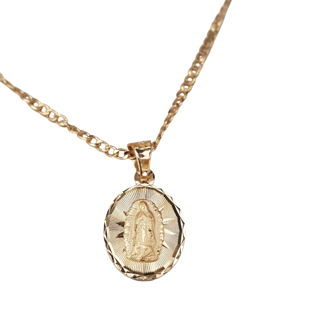 Medalla Oval Virgen de Guadalupe con cadena - Oro 14k Laminado - Diamantada