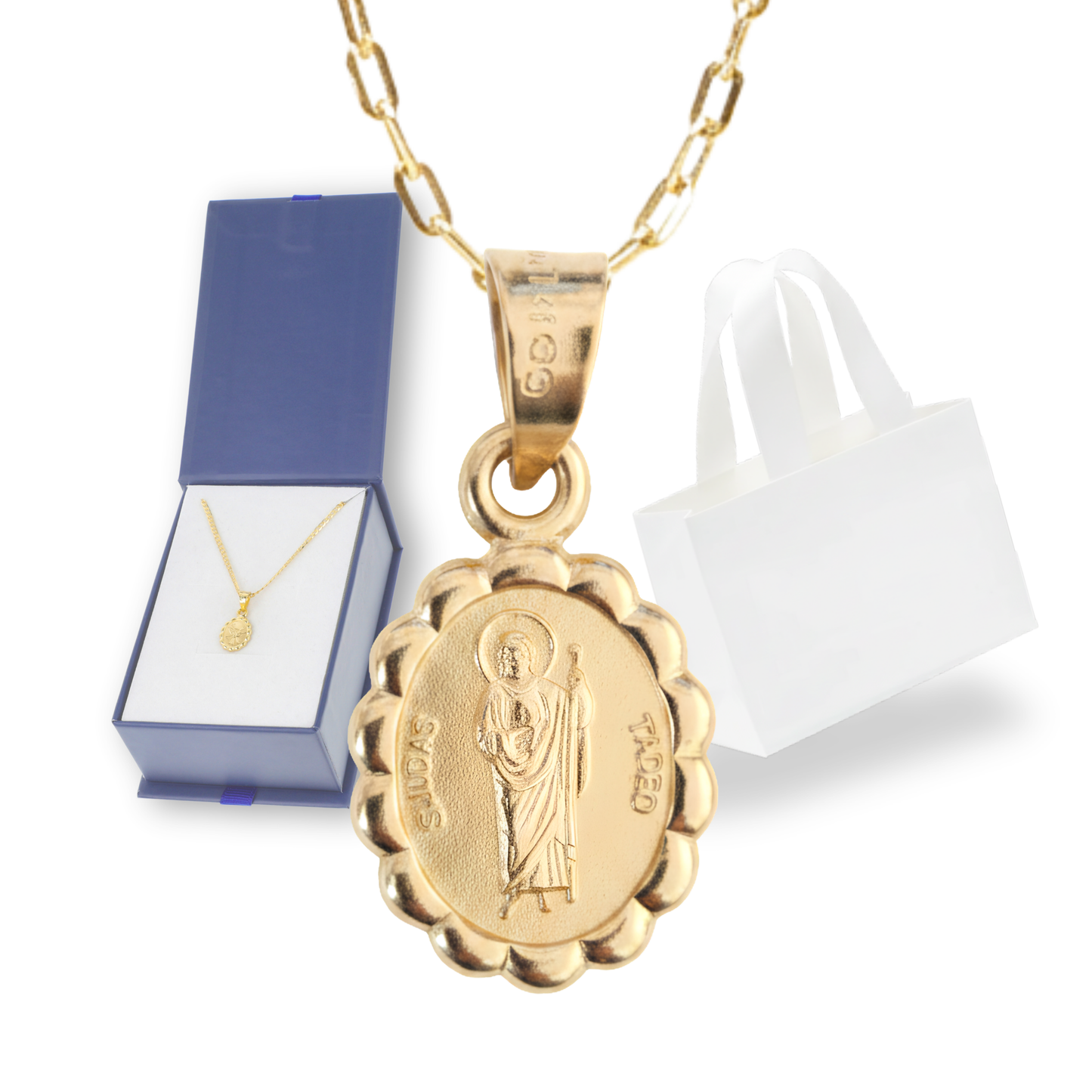 Medalla bautizo San Judas Tadeo oval con cadena - Oro 14K laminado