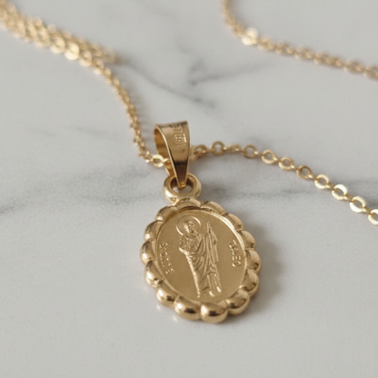 Medalla bautizo San Judas Tadeo oval con cadena - Oro 14K laminado