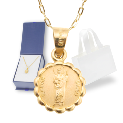 Medalla bautizo San Judas Tadeo redonda con cadena - Oro 14K laminado