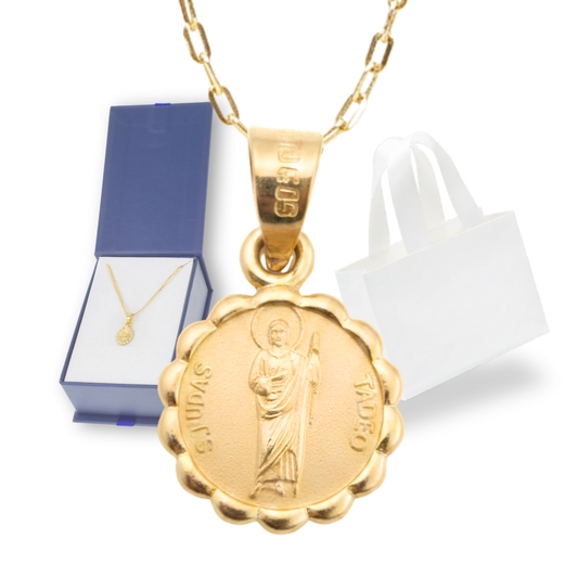 Medalla bautizo San Judas Tadeo redonda con cadena - Oro 14K laminado