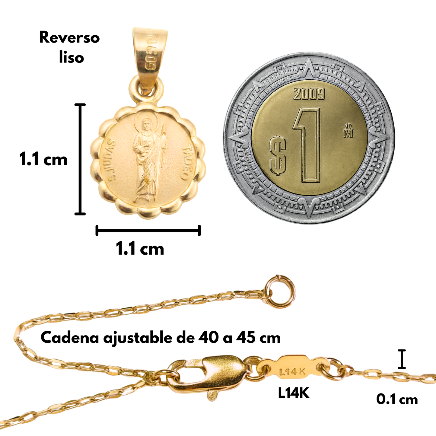 Medalla bautizo San Judas Tadeo redonda con cadena - Oro 14K laminado