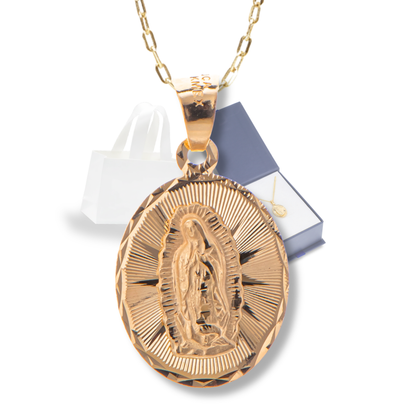 Medalla bautizo Virgen de Guadalupe oval con cadena - Oro 14K laminado diamantado