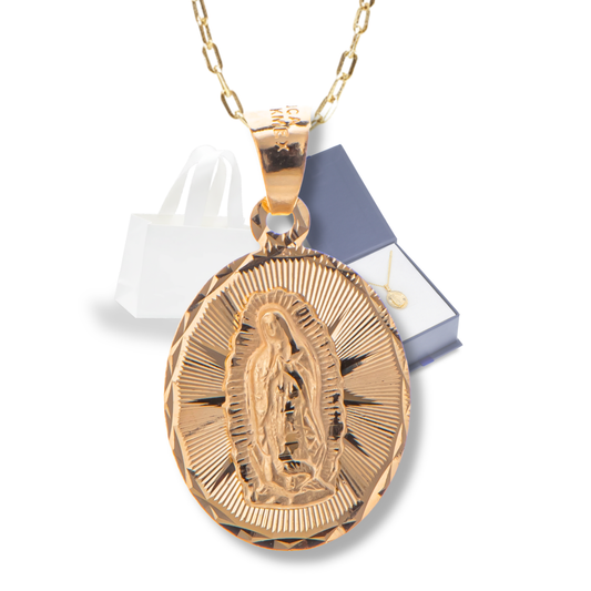 Medalla bautizo Virgen de Guadalupe oval con cadena - Oro 14K laminado diamantado