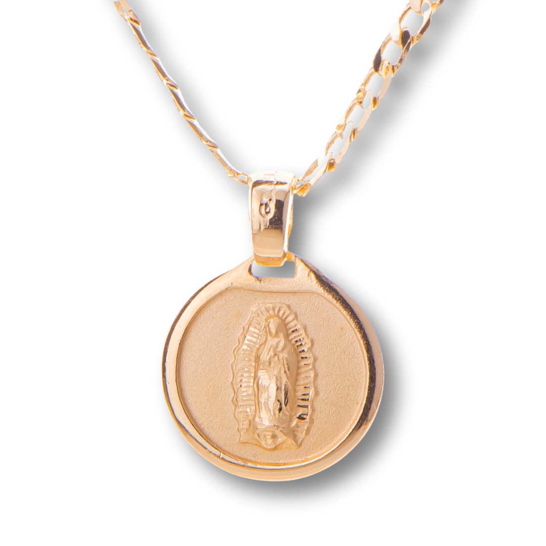 Medalla Redonda Virgen de Guadalupe con cadena - Oro 14K laminado -BL