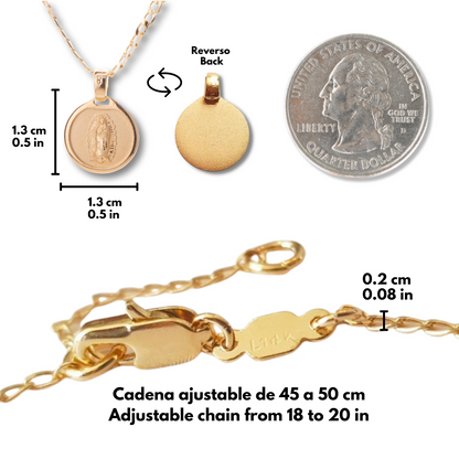 Medalla Redonda Virgen de Guadalupe con cadena - Oro 14K laminado -BL