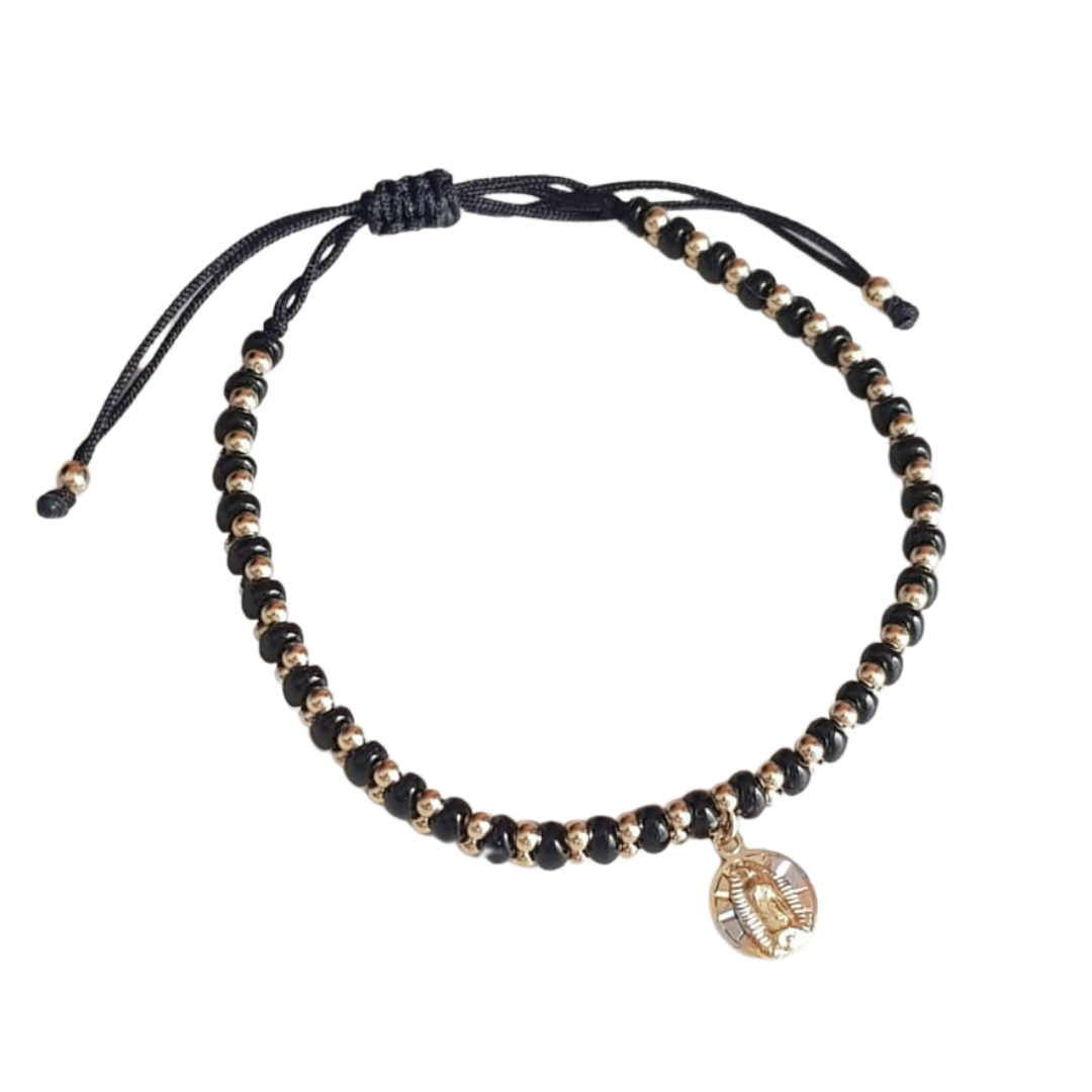 Pulsera negra de cuentas Virgen de Guadalupe - Baño de oro Tricolor