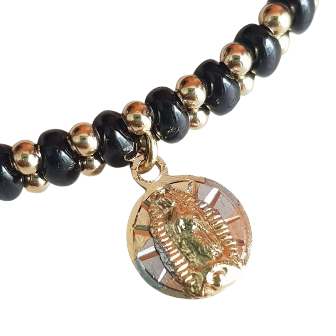 Pulsera negra de cuentas Virgen de Guadalupe - Baño de oro Tricolor