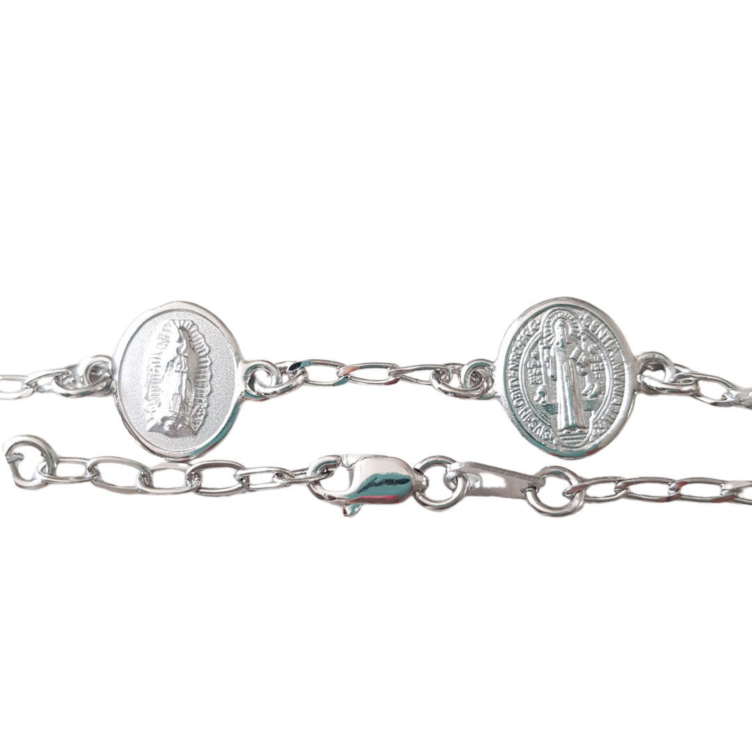 Pulsera Virgen de Guadalupe y San Benito - Plata esterlina 925 y Rodio