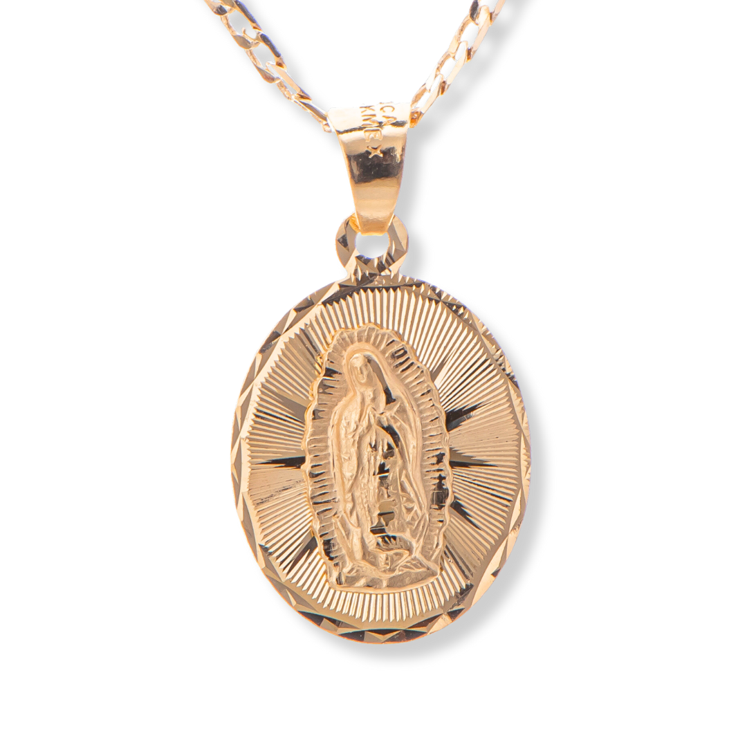 Medalla Oval Virgen de Guadalupe con cadena - Oro 14k Laminado - Diamantada