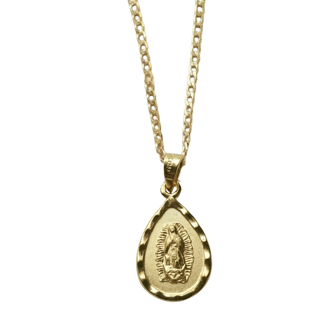 Medalla Gota Virgen de Guadalupe con cadena - Oro 14k laminado - Diamantada