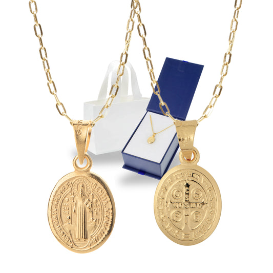 Medalla bautizo San Benito ovalada con cadena - Oro 14K laminado