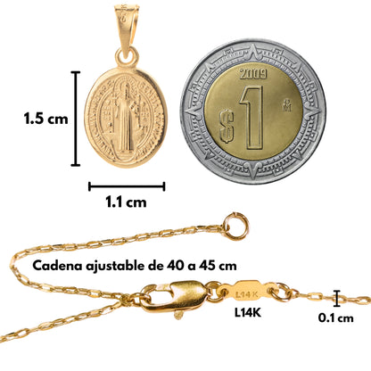Medalla bautizo San Benito ovalada con cadena - Oro 14K laminado