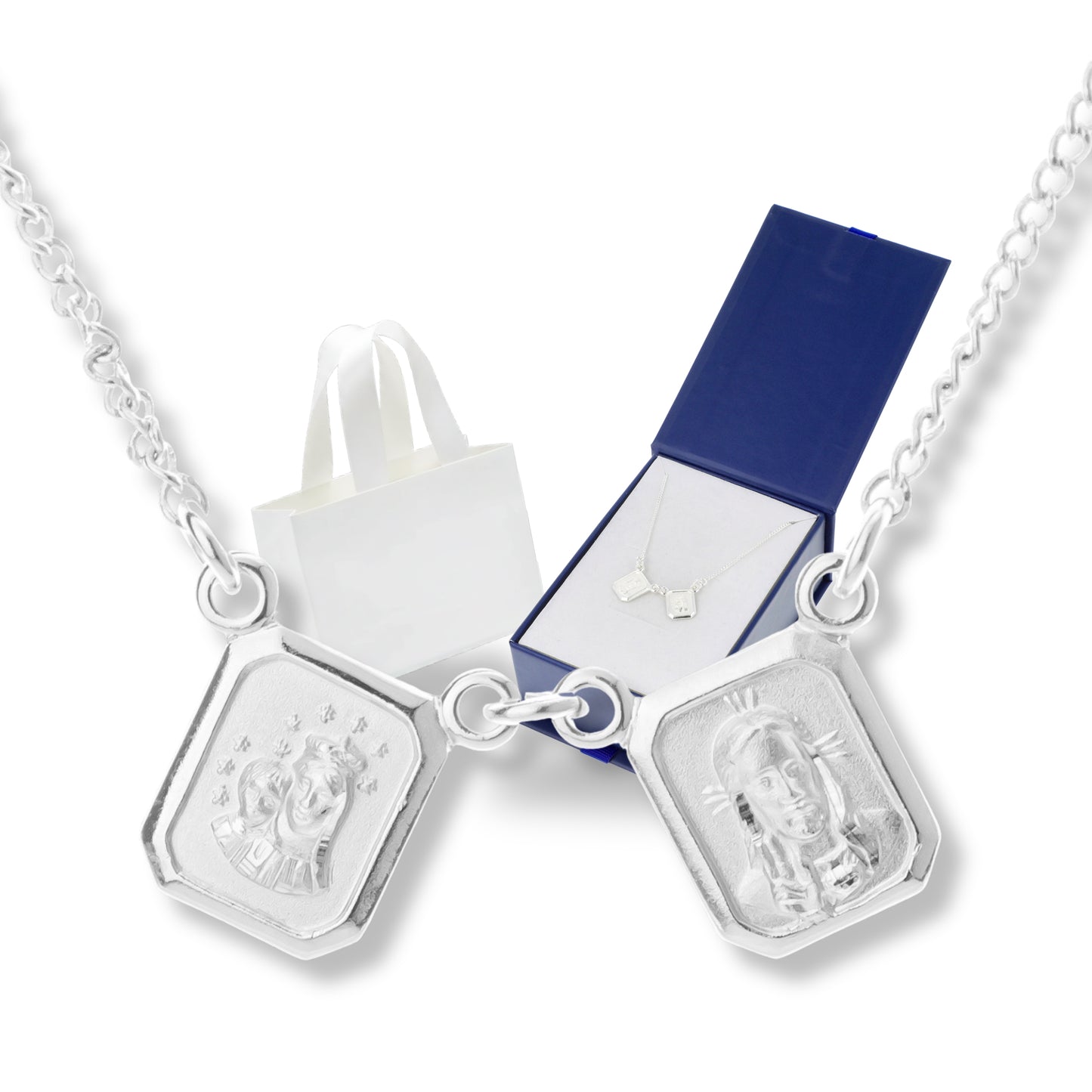 Escapulario Virgen del Carmen y Sagrado Corazón de Jesús con cadena - Plata 925