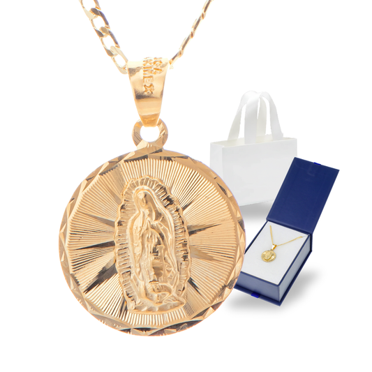 Medalla Redonda Virgen de Guadalupe con cadena - Oro 14k Laminado - Diamantada
