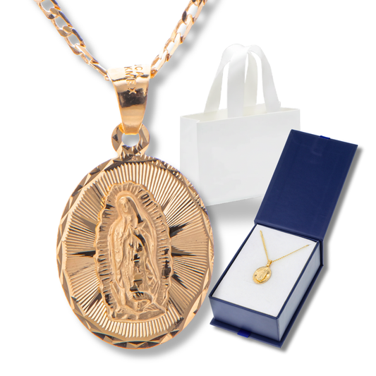 Medalla Oval Virgen de Guadalupe con cadena - Oro 14k Laminado - Diamantada