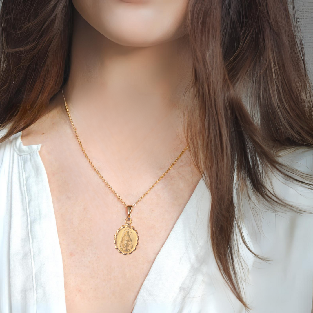 Medalla Virgen Milagrosa floral con cadena - Oro 14k laminado