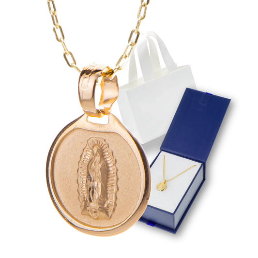 Medalla bautizo Virgen de Guadalupe redonda con cadena - Oro 14K laminado