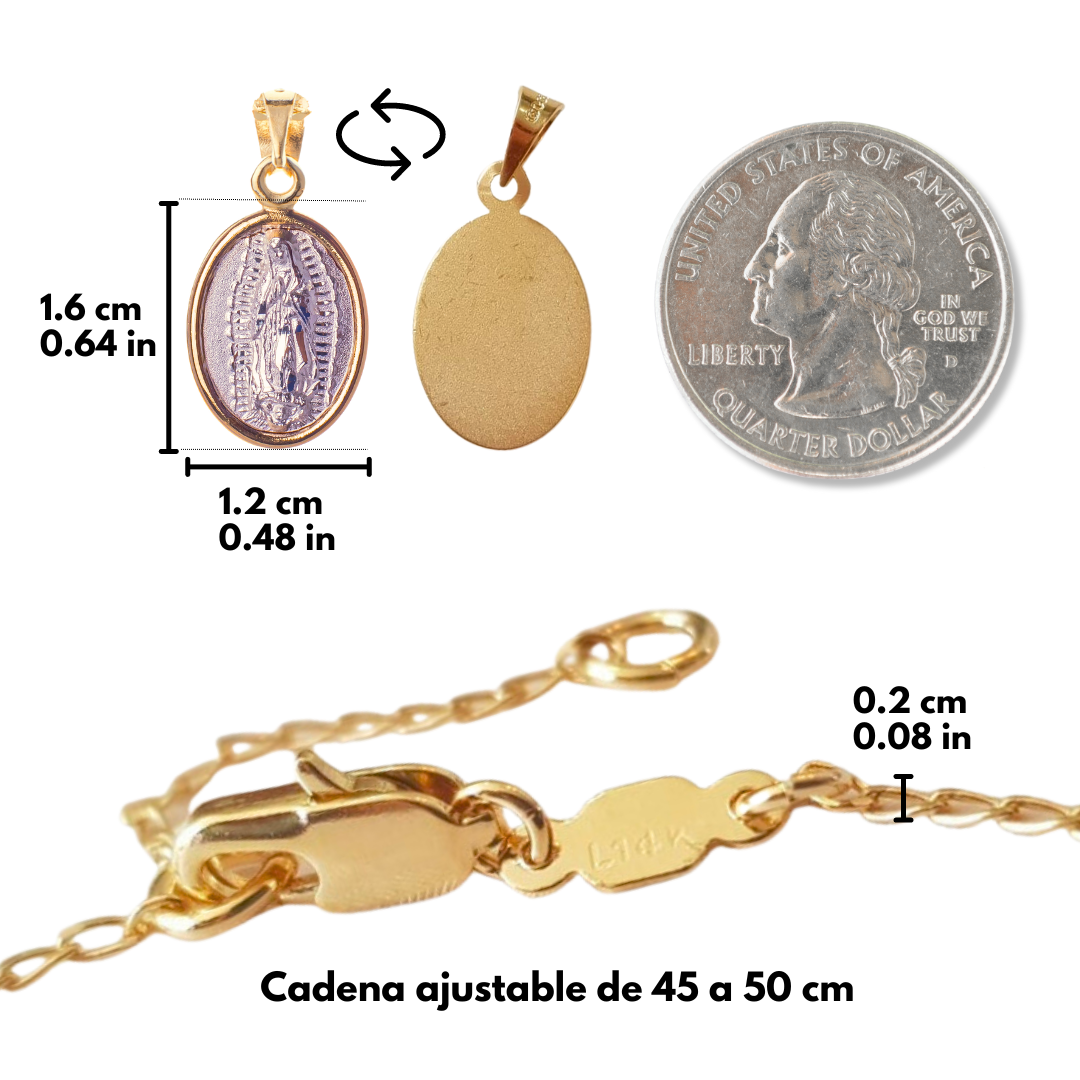 Medalla Virgen de Guadalupe con cadena - Plata esterlina 925 - Bisel Baño de Oro 14k