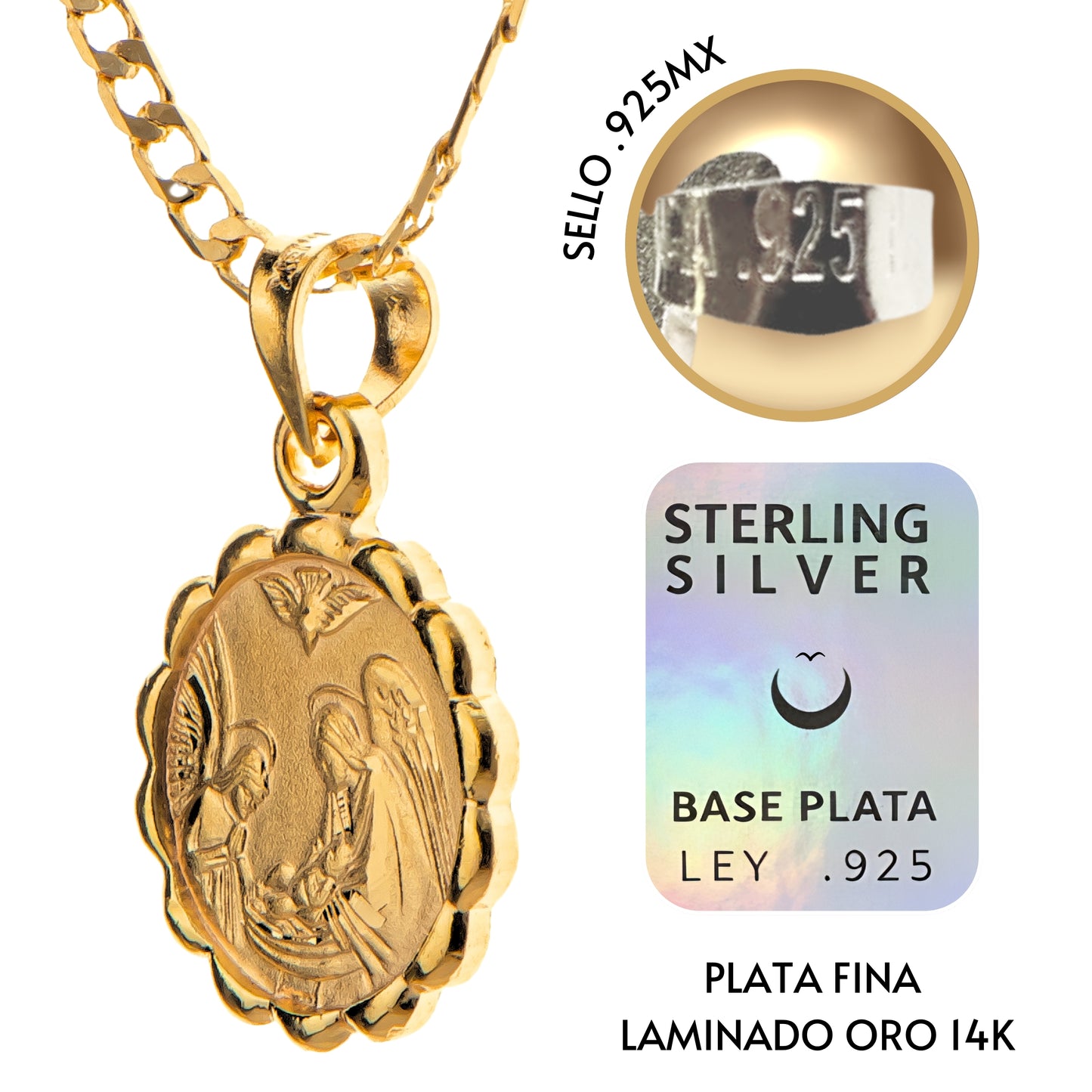 Medalla Ángel de la Guarda y Espíritu Santo con cadena - Oro 14K laminado