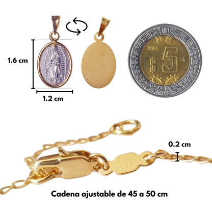 Medalla Virgen de Guadalupe con cadena - Plata esterlina 925 - Bisel Baño de Oro 14k