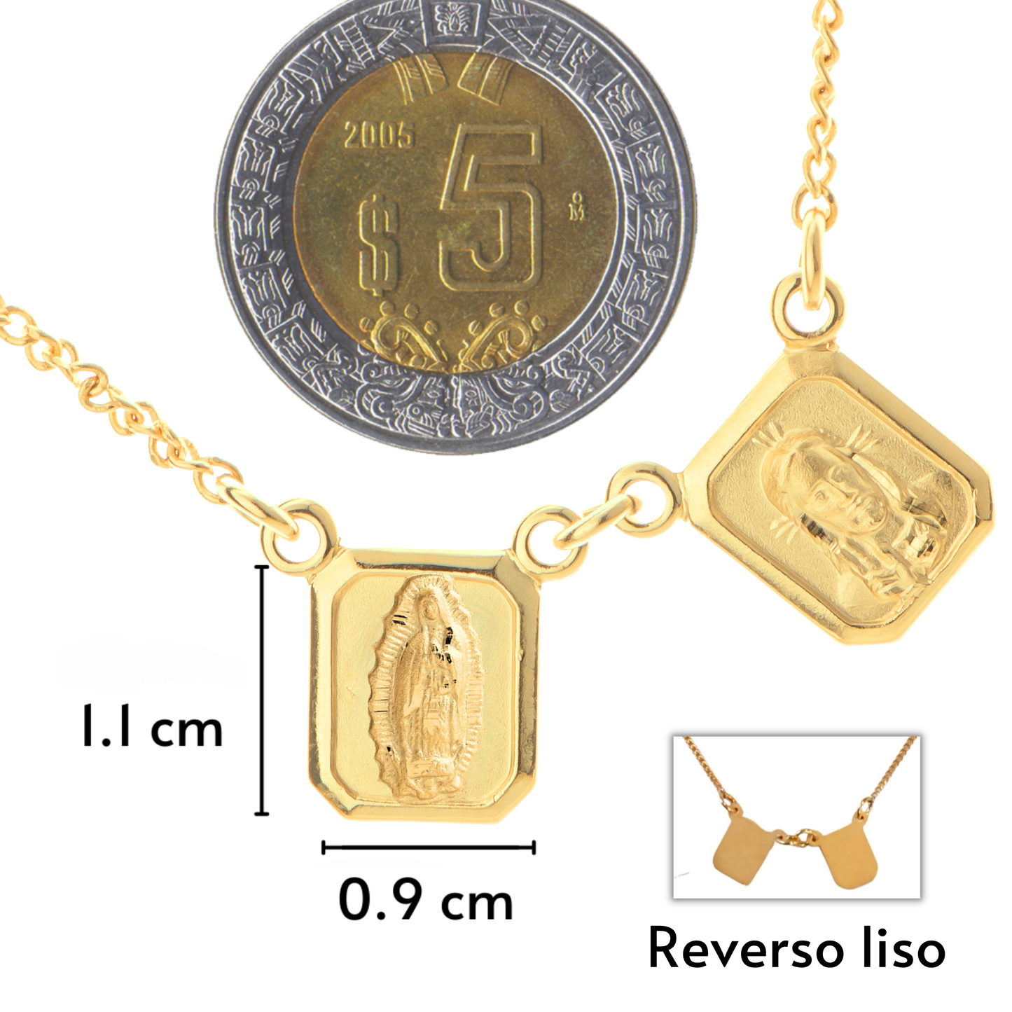 Escapulario Virgen de Guadalupe y Sagrado Corazón de Jesús - Oro 14K Laminado base plata 925