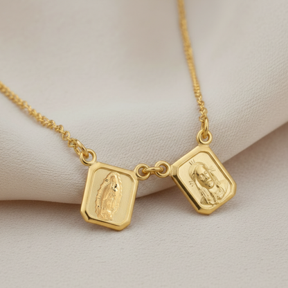 Escapulario Virgen de Guadalupe y Sagrado Corazón de Jesús - Oro 14K Laminado base plata 925