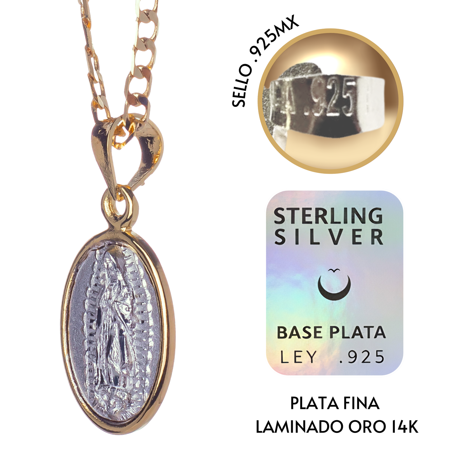 Medalla Virgen de Guadalupe con cadena - Plata esterlina 925 - Bisel Baño de Oro 14k