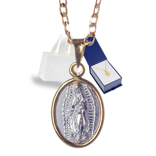 Medalla Virgen de Guadalupe con cadena - Plata esterlina 925 - Bisel Baño de Oro 14k