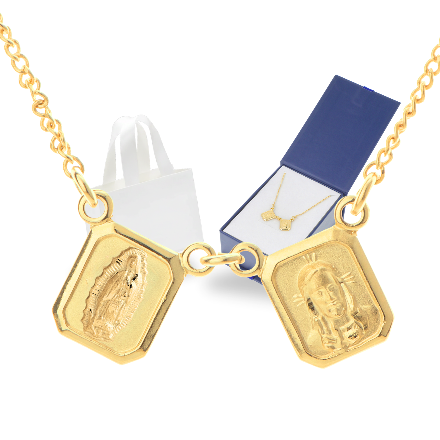 Escapulario Virgen de Guadalupe y Sagrado Corazón de Jesús - Oro 14K Laminado base plata 925