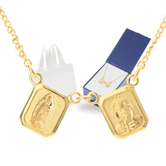 Escapulario Virgen de Guadalupe y Sagrado Corazón de Jesús - Oro 14K Laminado base plata 925