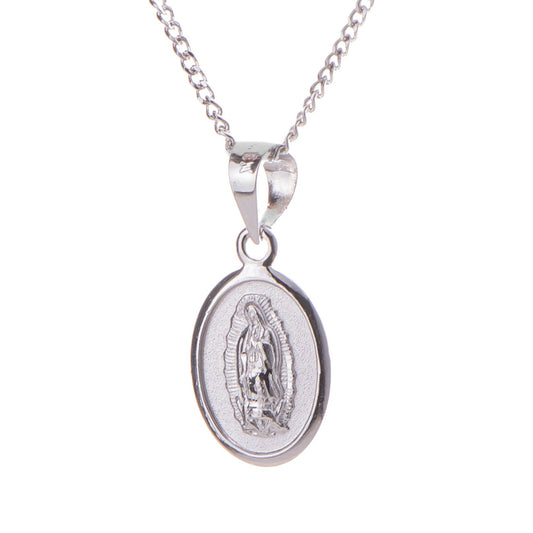 Medalla mini Virgen de Guadalupe con cadena - Plata esterlina 925 con baño de Oro Blanco