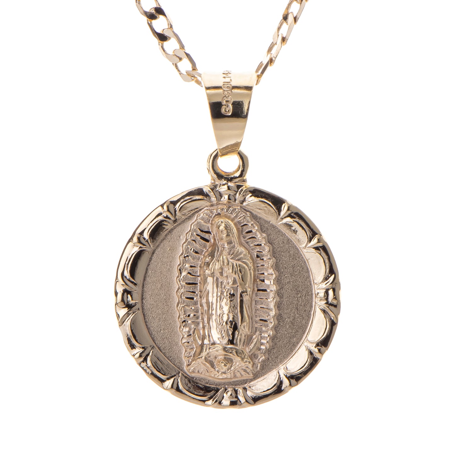 Medalla Redonda Virgen de Guadalupe con cadena - Oro 14K laminado -BA