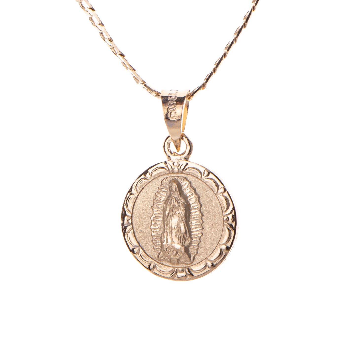 Medalla Redonda Virgen de Guadalupe con cadena - Oro 14K laminado -BA