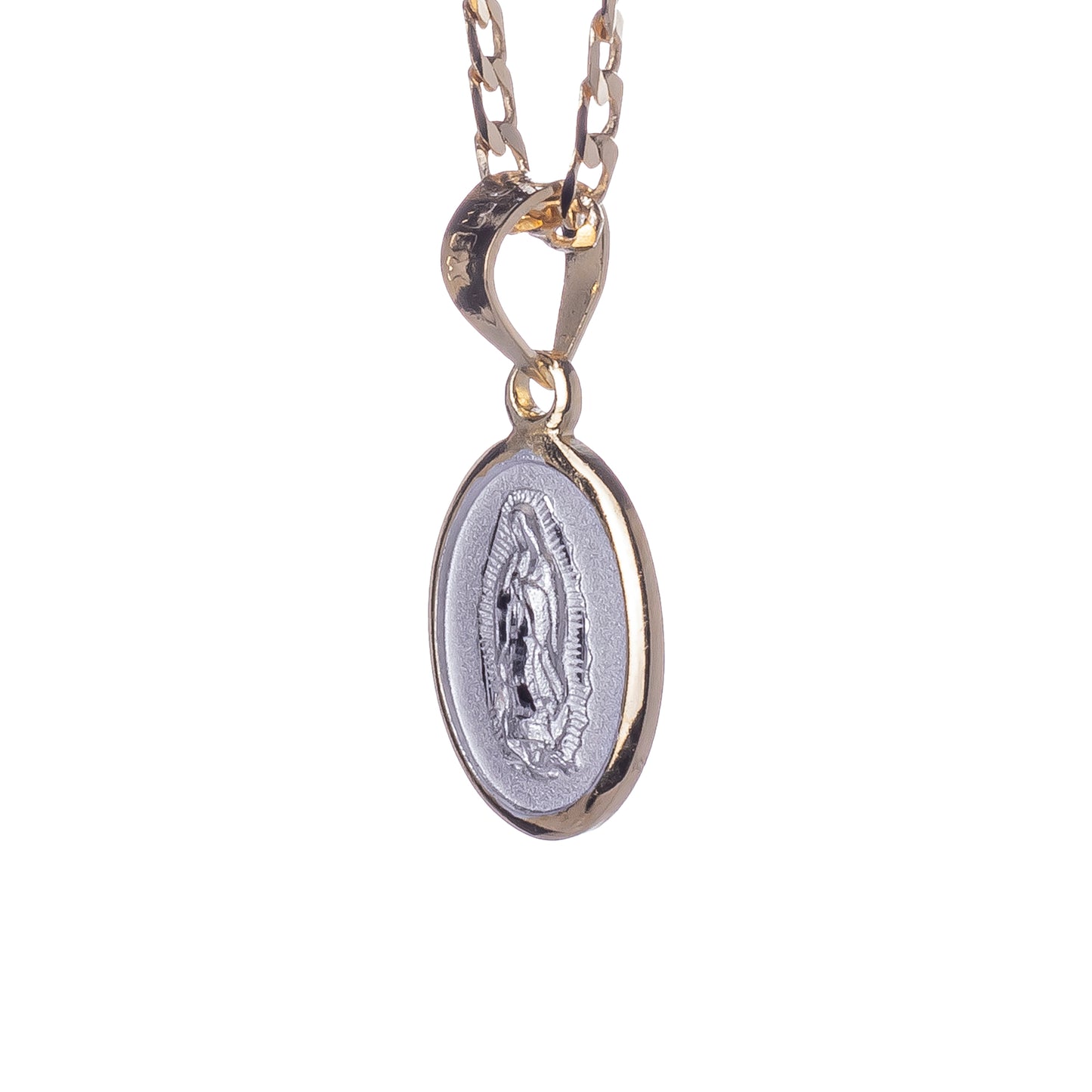 Medalla mini Virgen de Guadalupe con cadena - Plata esterlina 925 - Bisel de Baño de Oro 14k