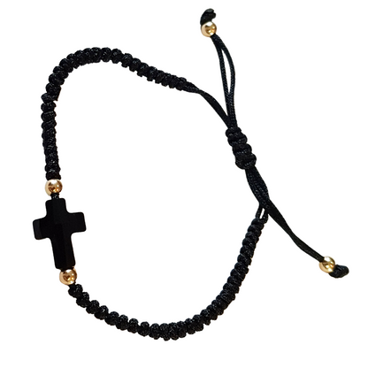 Pulsera tejida negra ajustable Cruz horizontal - Oro 14k laminado