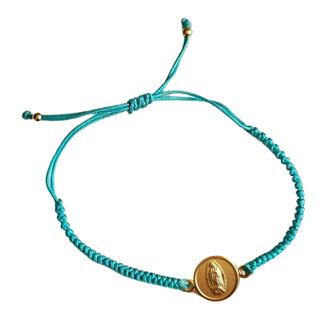 Pulsera tejida turquesa ajustable Virgen de Guadalupe - Oro 14k laminado