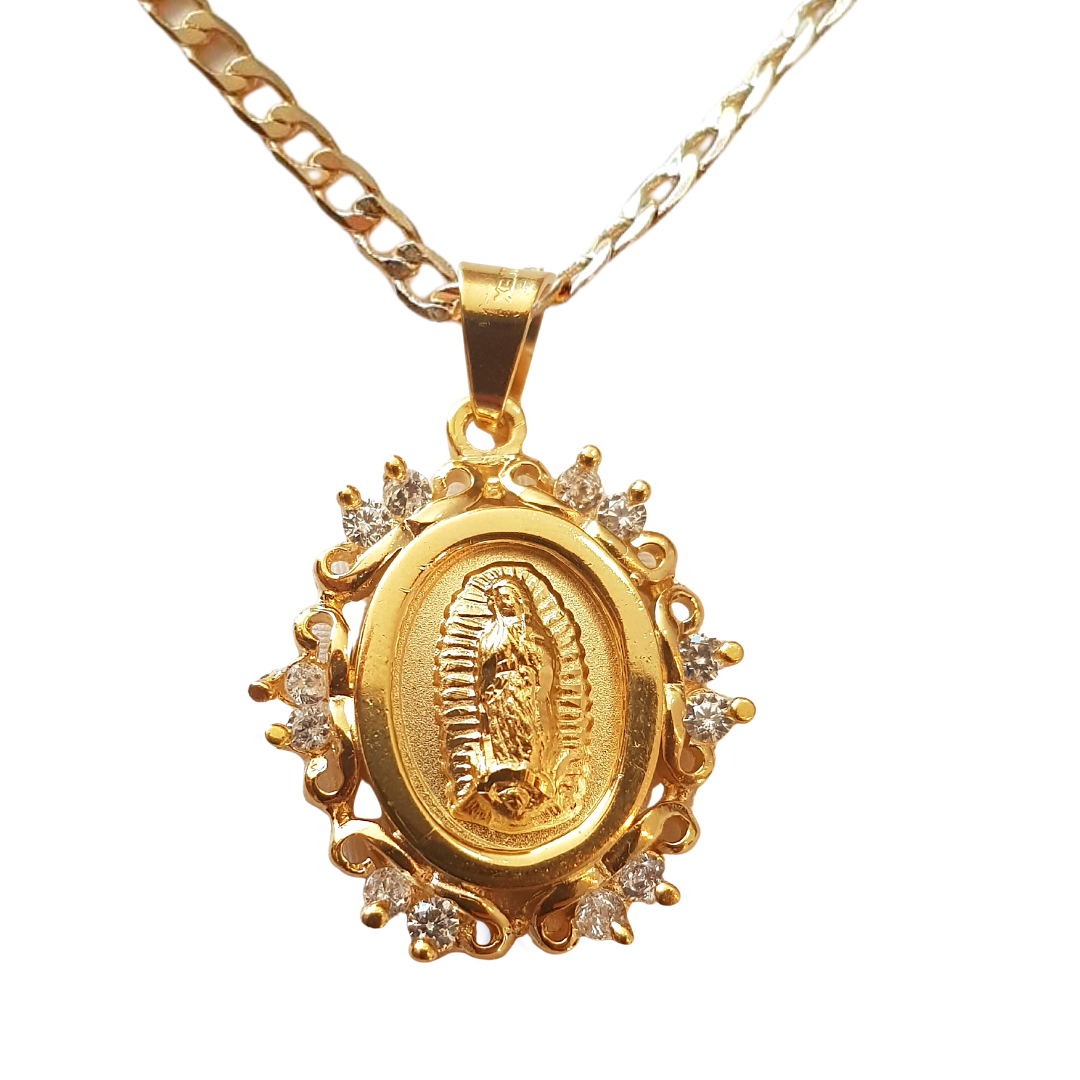 Medalla Flor Virgen de Guadalupe con cadena - Oro 14K Laminado con zirconias