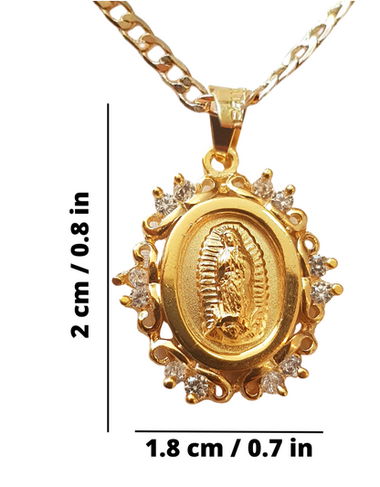 Medalla Flor Virgen de Guadalupe con cadena - Oro 14K Laminado con zirconias