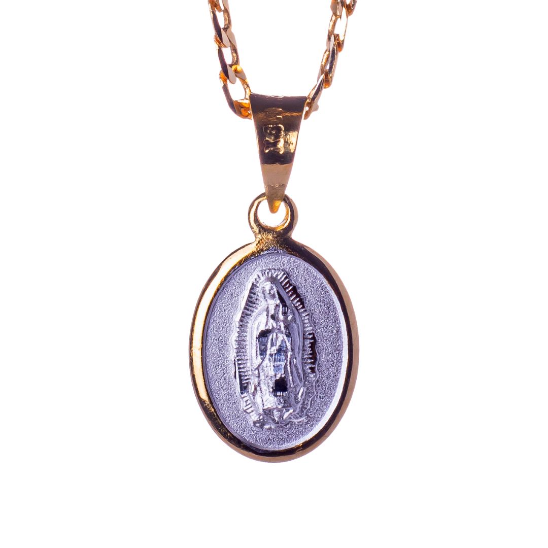 Medalla mini Virgen de Guadalupe con cadena - Plata esterlina 925 - Bisel de Baño de Oro 14k