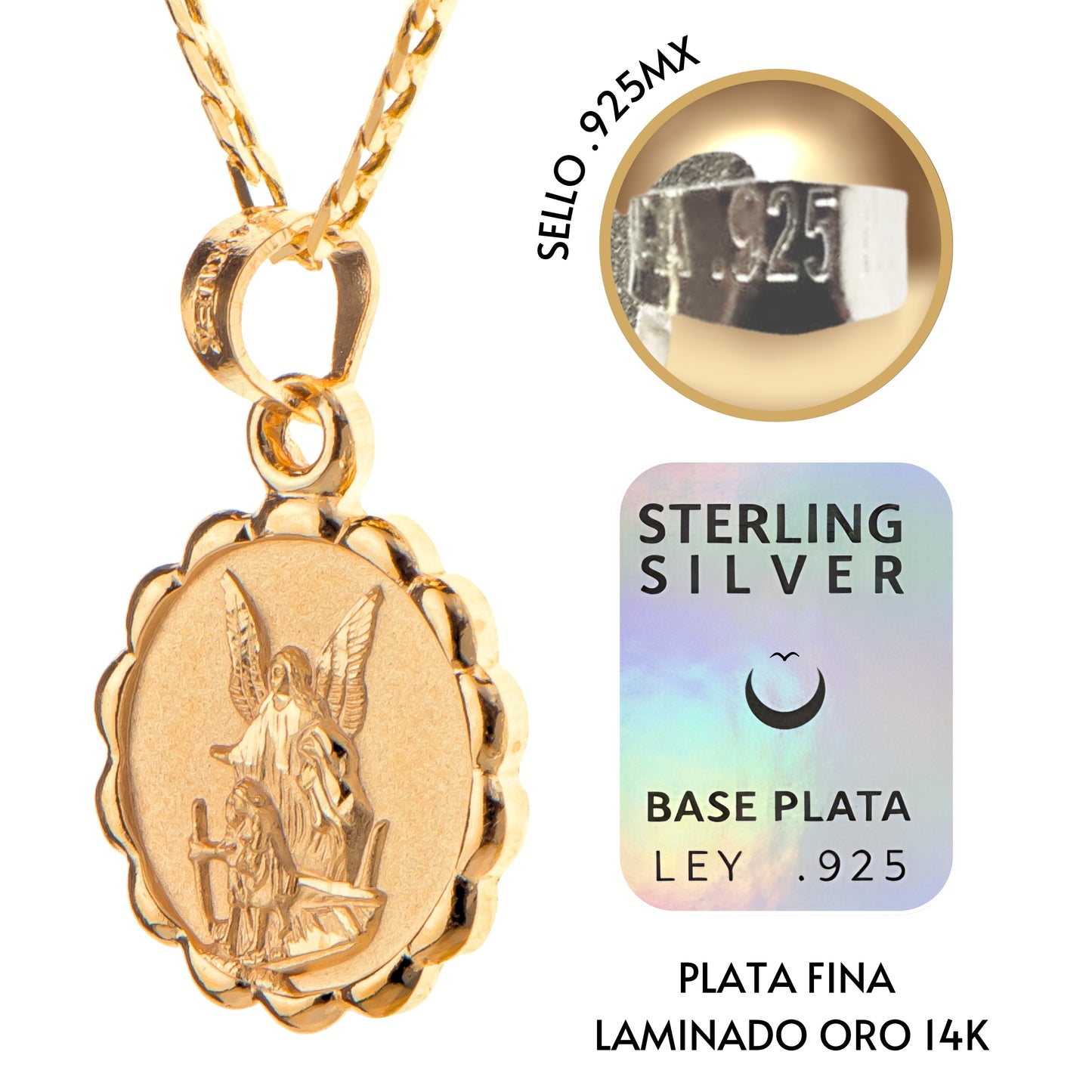 Medalla Ángel de la Guarda con cadena - Oro 14K laminado - Modelo Turín