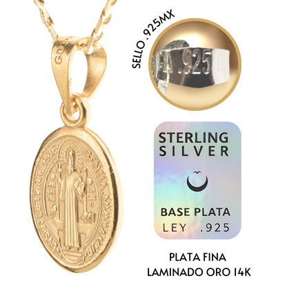 Medalla San Benito oval con cadena para mujer - Oro 14k laminado