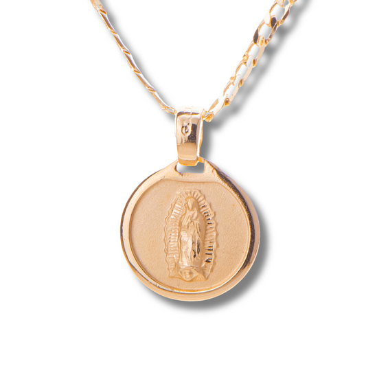 Medalla Redonda Virgen de Guadalupe con cadena - Oro 14K laminado -BL