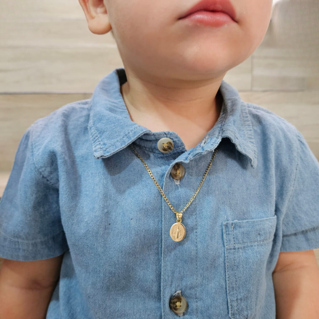 Medalla bautizo San Benito ovalada con cadena - Oro 14K laminado