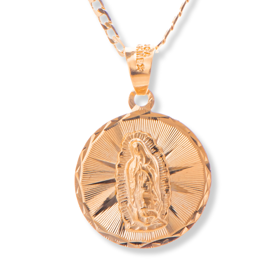 Medalla Redonda Virgen de Guadalupe con cadena - Oro 14k Laminado - Diamantada