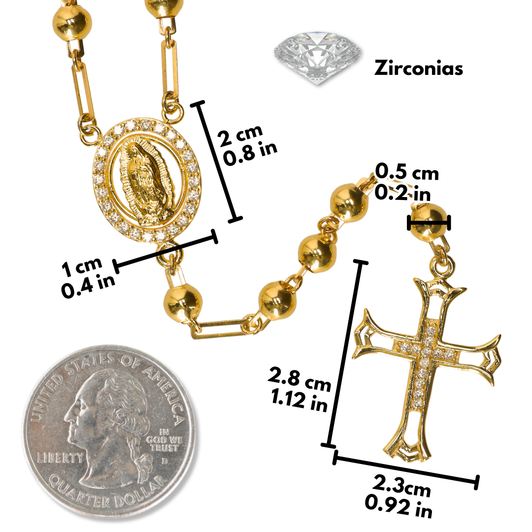 Rosario Virgen de Guadalupe y Cruz - Oro 14k e incrustaciones de zirconia