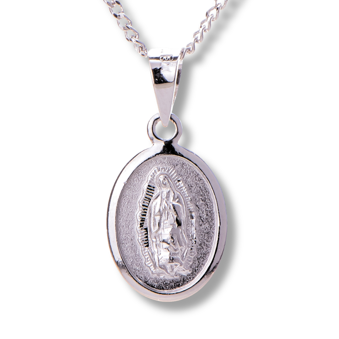 Medalla mini Virgen de Guadalupe con cadena - Plata esterlina 925 con baño de Oro Blanco